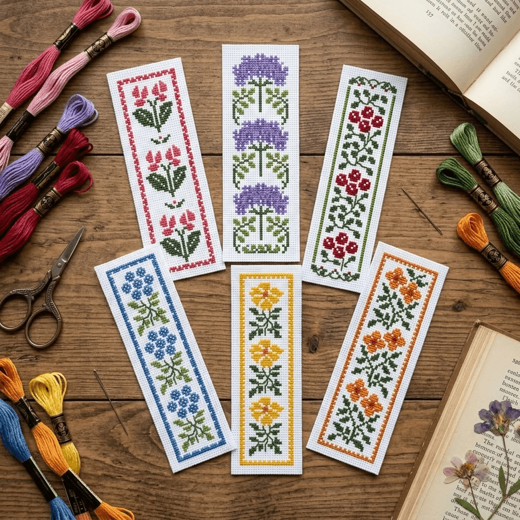 Cross stitch bookmark supplies and finished work