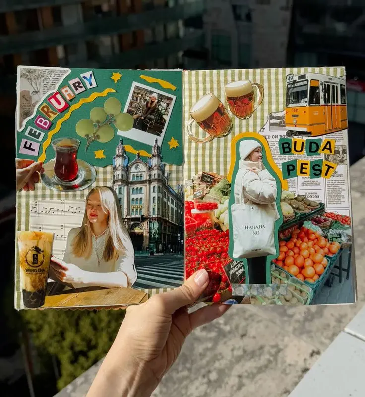 Collage journal spread with layered papers and magazine cutouts