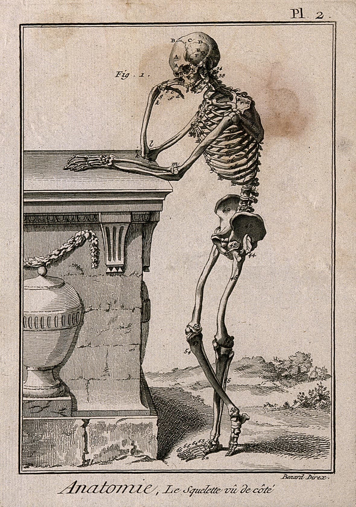 Engraving of a skeleton leaning thoughtfully against a stone tomb in a landscape