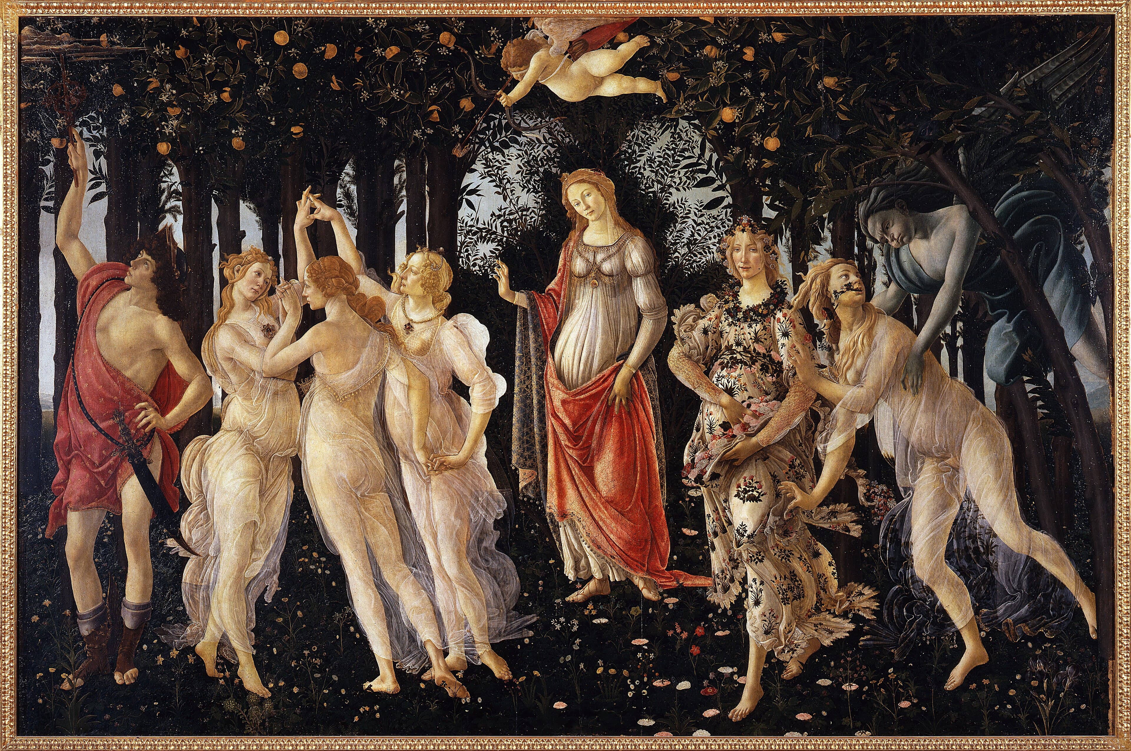 Painting of figures gathered in a flowering orange grove
